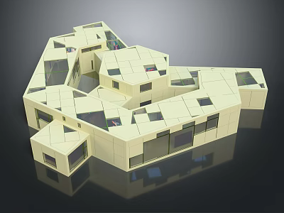 Cartoon Scene Of Modern White Cube Buildings With Connected Structures And Windows 3d model