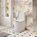 Modern White Toilet in Bathroom with Tropical Leaf Wallpaper Marble Wall and Gold Fixtures