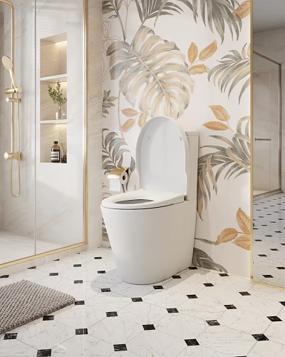 Modern White Toilet in Bathroom with Tropical Leaf Wallpaper Marble Wall and Gold Fixtures 3d model