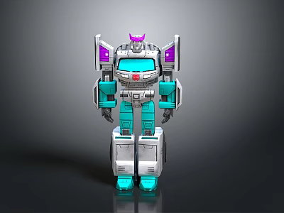 Silver And Teal Transformer Robot Toy Figure With Purple Head And Chest Details 3d model