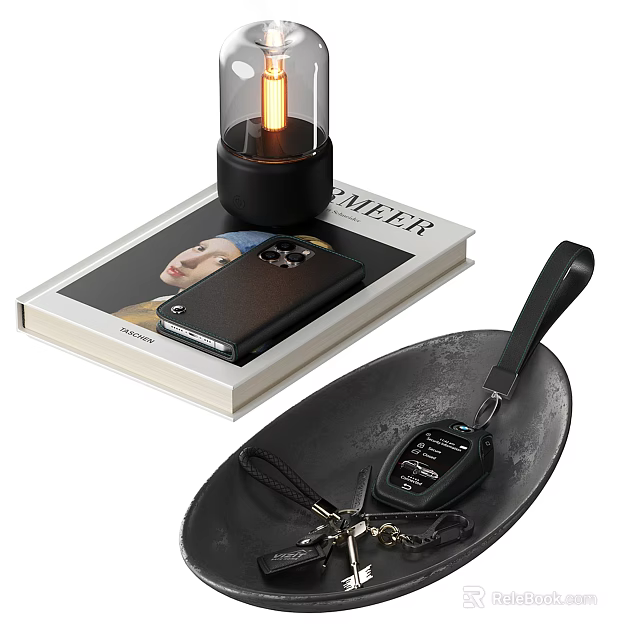 Modern Decorative Ornament Set with Black Tray Keys Remote Control Phone and Magazine 3d model 