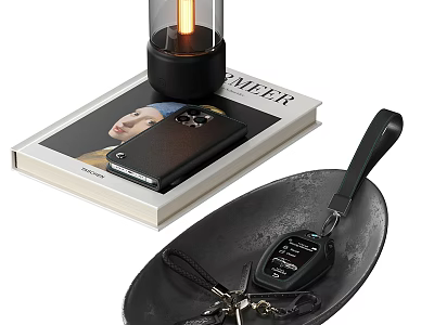 Modern Decorative Ornament Set with Black Tray Keys Remote Control Phone and Magazine 3d model