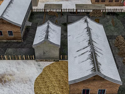 Scenic Rural Landscape With Snow Covered Brick Houses Wooden Fences And Straw Stack 3d model