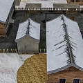 Scenic Rural Landscape With Snow Covered Brick Houses Wooden Fences And Straw Stack