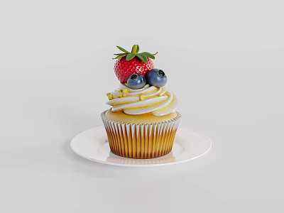 Delicious Cupcake With Whipped Cream Fresh Strawberry And Blueberries On White Plate 3d model