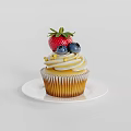 Delicious Cupcake With Whipped Cream Fresh Strawberry And Blueberries On White Plate