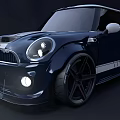 Dark Blue Compact Car With Modified Sporty Front Design Large Alloy Wheels And Side Stripes