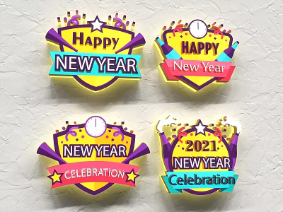 Vibrant New Year Celebration Logos With Neon Design Stars Clock And 2021 Elements 3d model