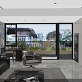 Modern Living And Dining Room With Black Sofa TV Wall And Floor To Ceiling Windows