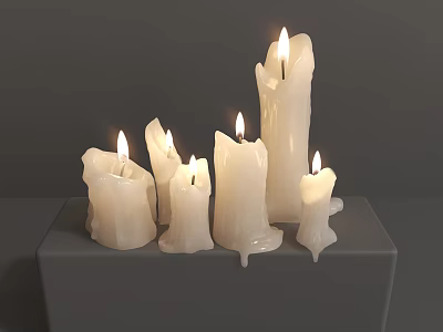 Lit White Candle Lamps With Melted Wax On Gray Platform 3d model