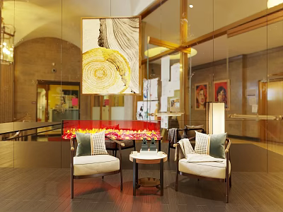 Stylish Leisure Sofa Set In Modern Living Area With Artwork Chandelier And Glass Walls 3d model