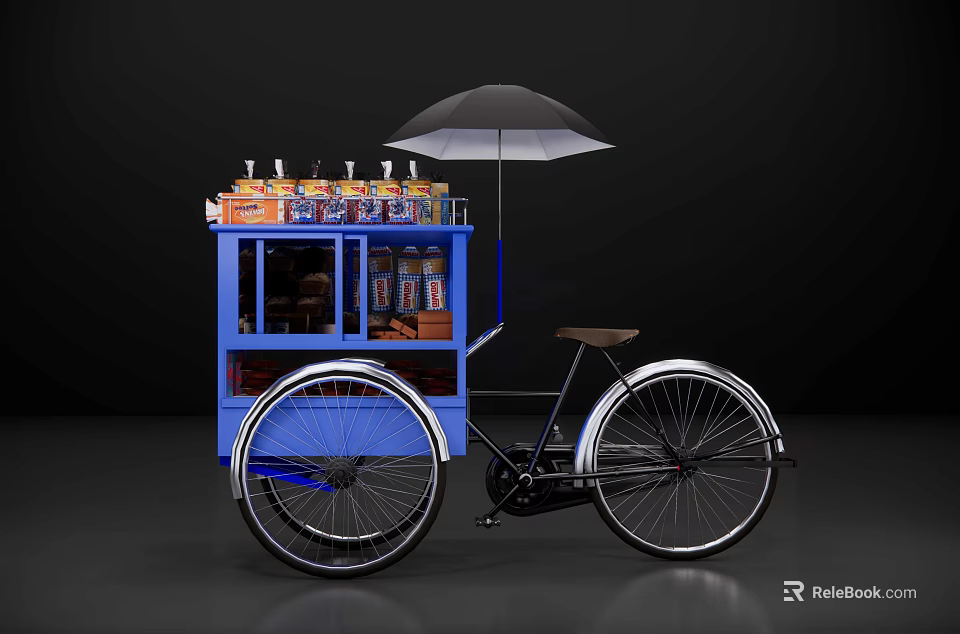 Blue Tricycle Functional Cart with Display Shelf Drinks Bottles and Black Umbrella 3d model 
