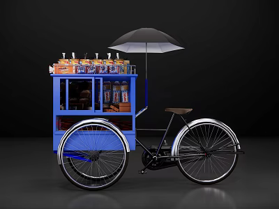 Blue Tricycle Functional Cart with Display Shelf Drinks Bottles and Black Umbrella 3d model