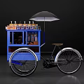 Blue Tricycle Functional Cart with Display Shelf Drinks Bottles and Black Umbrella