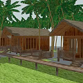 Wooden Guesthouses with Thatched Roofs Surrounded by Green Lawn Trees and Wooden Walkway