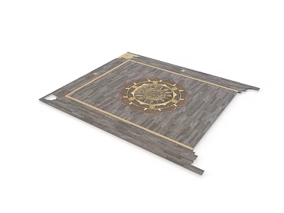Gray Square Floor Design With Central Golden Circular Pattern And Surrounding Border Lines 3d model