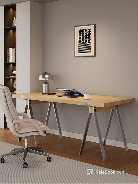 Modern Wooden Office Desk With Metal Legs Beige Chair Silver Lamp Laptop And Coffee Cup 3d model 