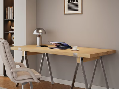 Modern Wooden Office Desk With Metal Legs Beige Chair Silver Lamp Laptop And Coffee Cup 3d model