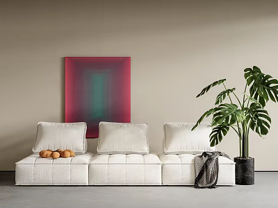 White Multi person Sofa With Cushions Fruit Plate Gray Blanket Monstera Plant And Abstract Painting 3d model