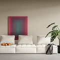 White Multi person Sofa With Cushions Fruit Plate Gray Blanket Monstera Plant And Abstract Painting
