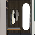 Modern Metal Clothes Hanger With Hanging Neutral Clothes And Oval Mirror