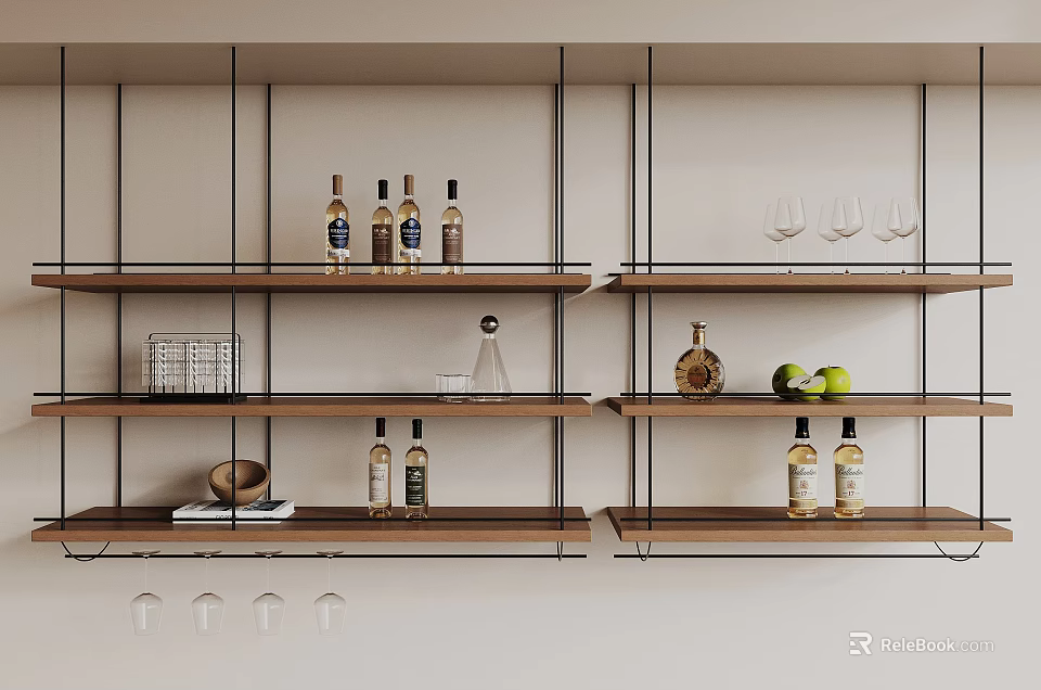 Wall Mounted Wooden Wine Rack With Wine Bottles Glasses And Decorative Items 3d model 
