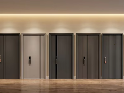 Modern Interior With Five Different Designed Doors In Various Colors And Textures 3d model
