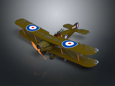Vintage Military Biplane Model With Olive Green Color Roundel Markings On Wings And Propeller Design 3d model