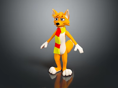 Cartoon Fox Character 3D Model With Orange Fur White Paws And Red Yellow Scarf 3d model