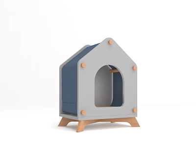 House Shaped Pet House With Gray And Blue Design Wooden Legs And Circular Entrance 3d model