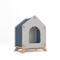 House Shaped Pet House With Gray And Blue Design Wooden Legs And Circular Entrance