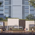 Modern Commercial Street With High Rise Buildings Greenery Outdoor Seating And People