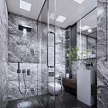 Modern Bathroom Interior With Marble Walls Glass Shower Enclosure Toilet Vanity And Mirror