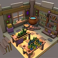 Cartoon Alchemy Lab Scene Featuring Wooden Shelves Green Potions Large Clay Jar Table And Window