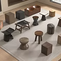 Modern Wooden Stools With Various Unique Designs Displayed In Interior Space