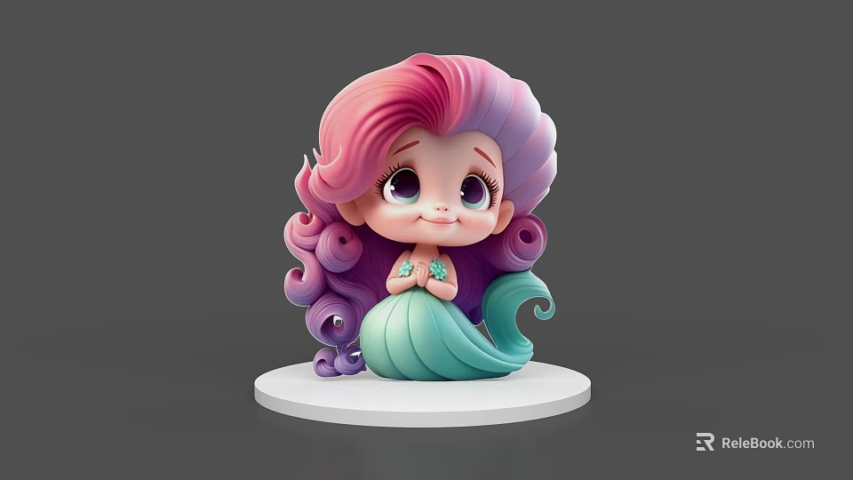 Cute Animated Mermaid Game Movie Character With Pink Purple Curly Hair And Green Tail 3d model 