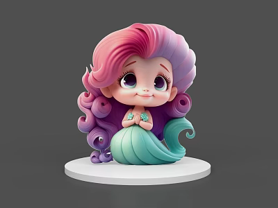 Cute Animated Mermaid Game Movie Character With Pink Purple Curly Hair And Green Tail 3d model