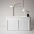 Modern Wooden Reception Desk With Woven Panels Marble Countertop And Pendant Lights
