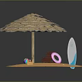 Tropical Beach Scenery With Straw Umbrella Deck Chair Surfboard Beach Ball And Sandcastle
