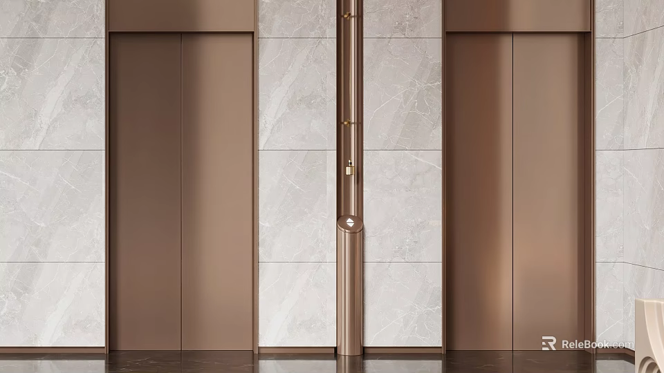 Luxurious Modern Elevator Interior With Copper Doors And Marble Wall Design 3d model 