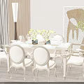 Elegant Dining Table Set With Beige Chairs Flower Vases Tableware Floor Lamp And Art Painting