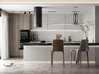 Modern Kitchen Interior Design With Island Counter Cabinets Chairs And Pendant Lights 3d model