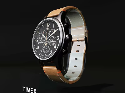 Timex Watch With Black Dial Chronograph And Brown Beige Leather Strap Classic Design 3d model