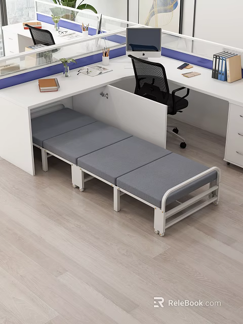 Gray Foldable Sofa Bed In Office Workspace With White Frame And Desk 3d model 
