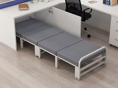 Gray Foldable Sofa Bed In Office Workspace With White Frame And Desk 3d model