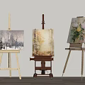 Three Different Wooden Easels Displaying Scenic Abstract Floral Paintings In Art Studio