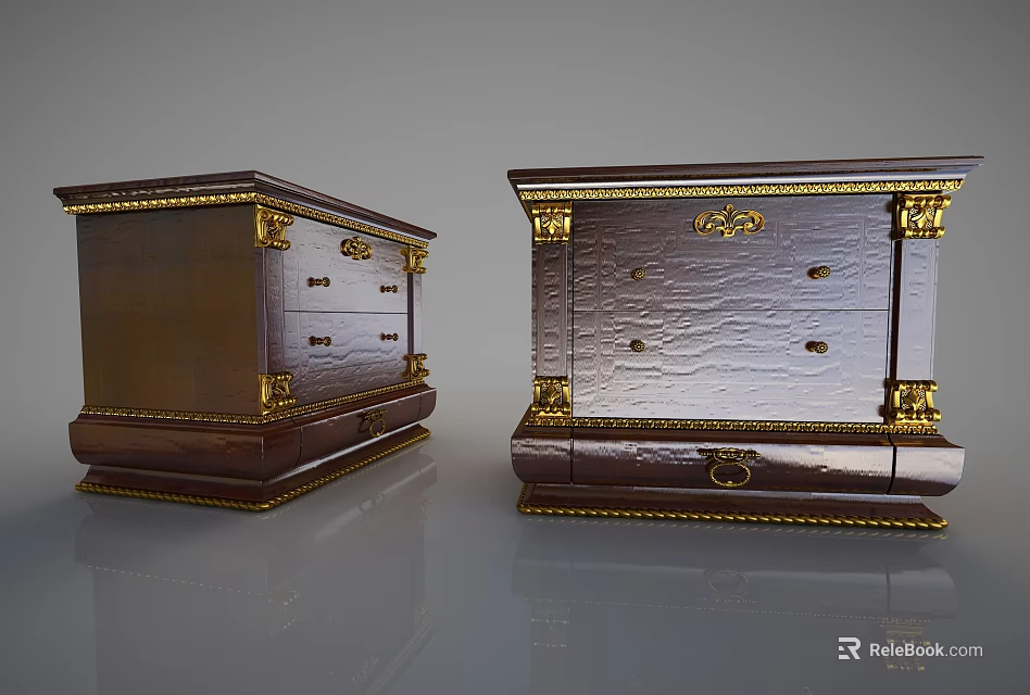 Elegant Bedside Tables With Gold Accents Wooden Finish And Drawers 3d model 
