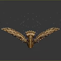 Mechanical Owl Flying With Metallic Wings And Sparkling Particles In Dark