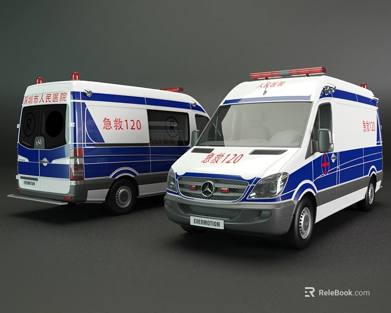White And Blue Mercedes Ambulances With Red Emergency Lights And Emergency Service Markings 3d model 