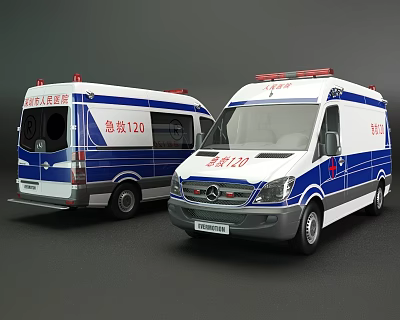 White And Blue Mercedes Ambulances With Red Emergency Lights And Emergency Service Markings 3d model